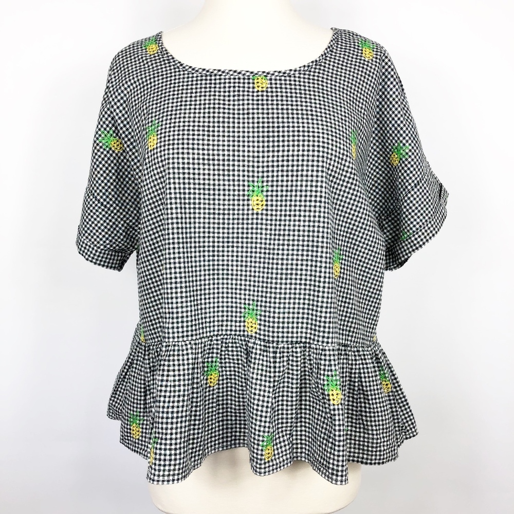 Girl Krazy Black & White Gingham Top Embroidered Pineapple Size Large